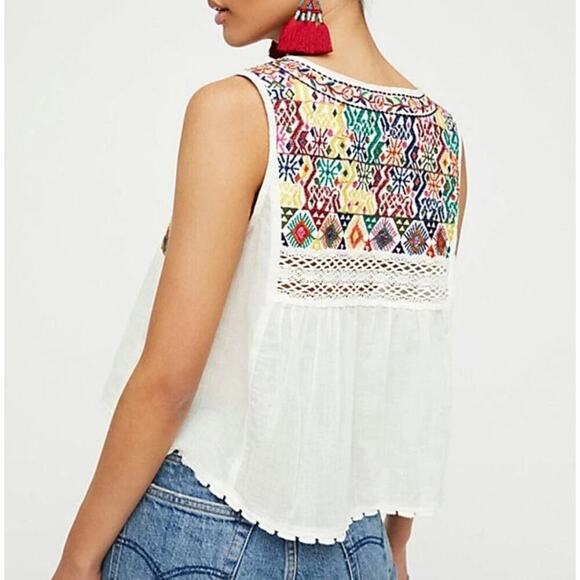 Free People White Embroidered Floral Flowy Lohri Tank Top Sz S N - Picture 2 of 8
